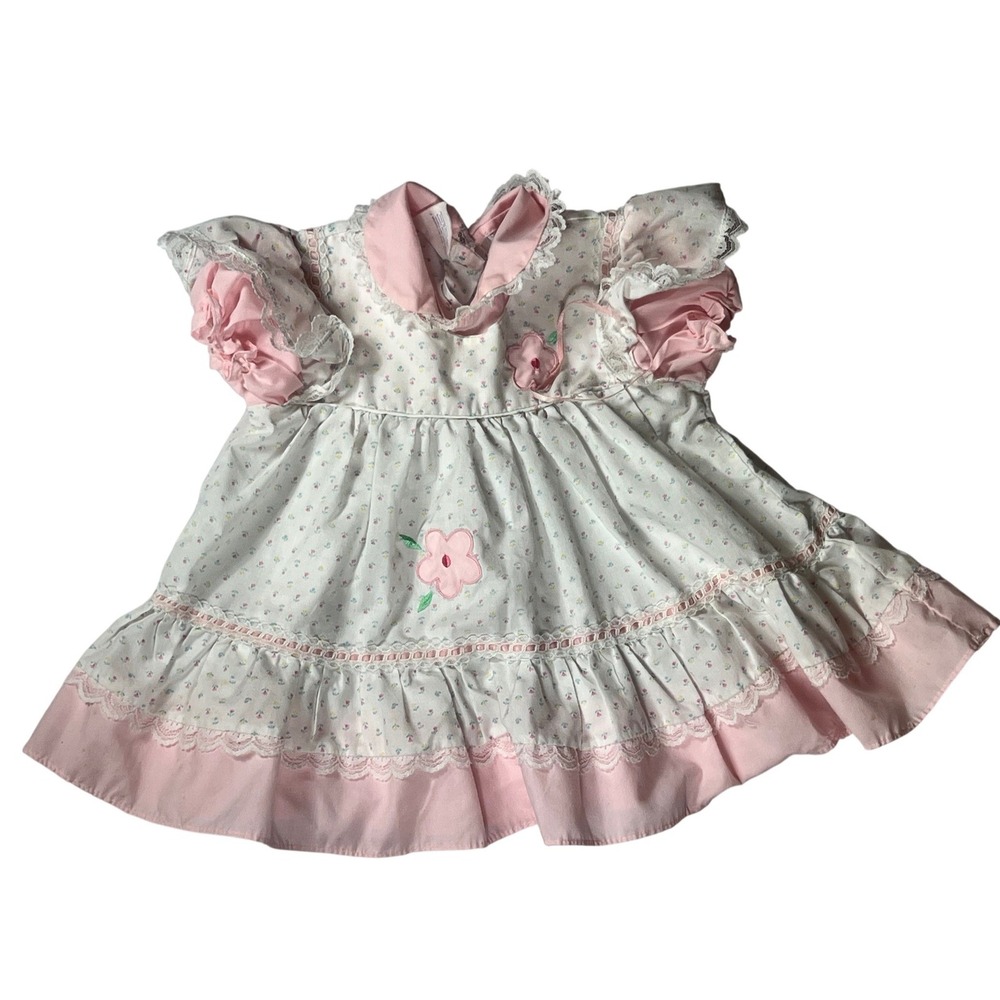 Vintage Dress 18m Floral Pink White Lace Ruffle Embroideredโ Flower Cottagecore